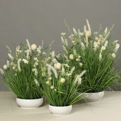 Flores de Pradera en Cuenco de Plástico, 58 CM, CREMA