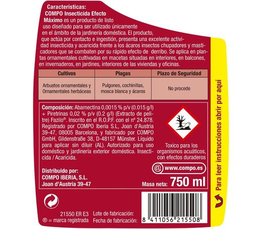 Insecticida polivalente efecto maximo 750ml Compo®
