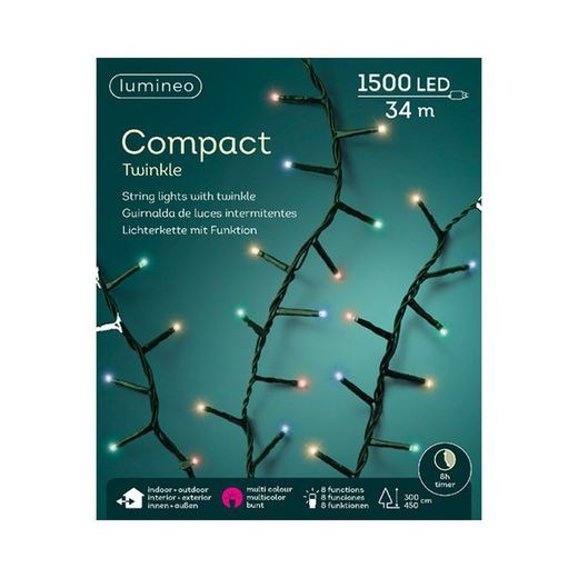 Luces led twinkle compact cable verde 34m 1500led tono multicolor Lumineo