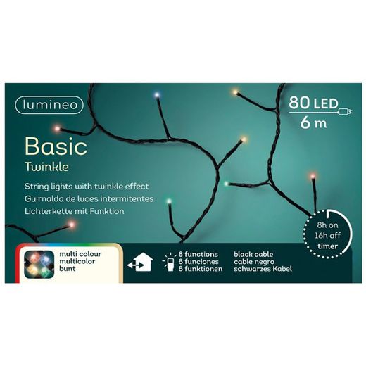 Luces led twinkle lights cable negro 6m 80led tono multicolor Lumineo